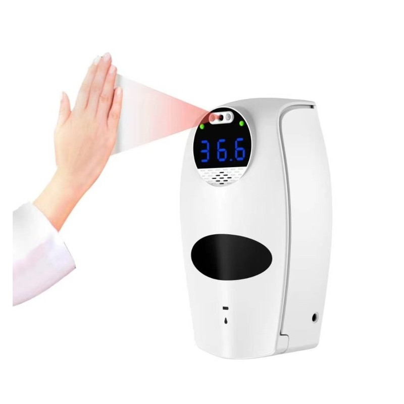 Dispensador de jabón, desinfectante con termómetro y medición de temperatura